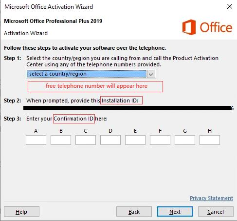 Activate Office 2016 & Office 2019 key by telephone