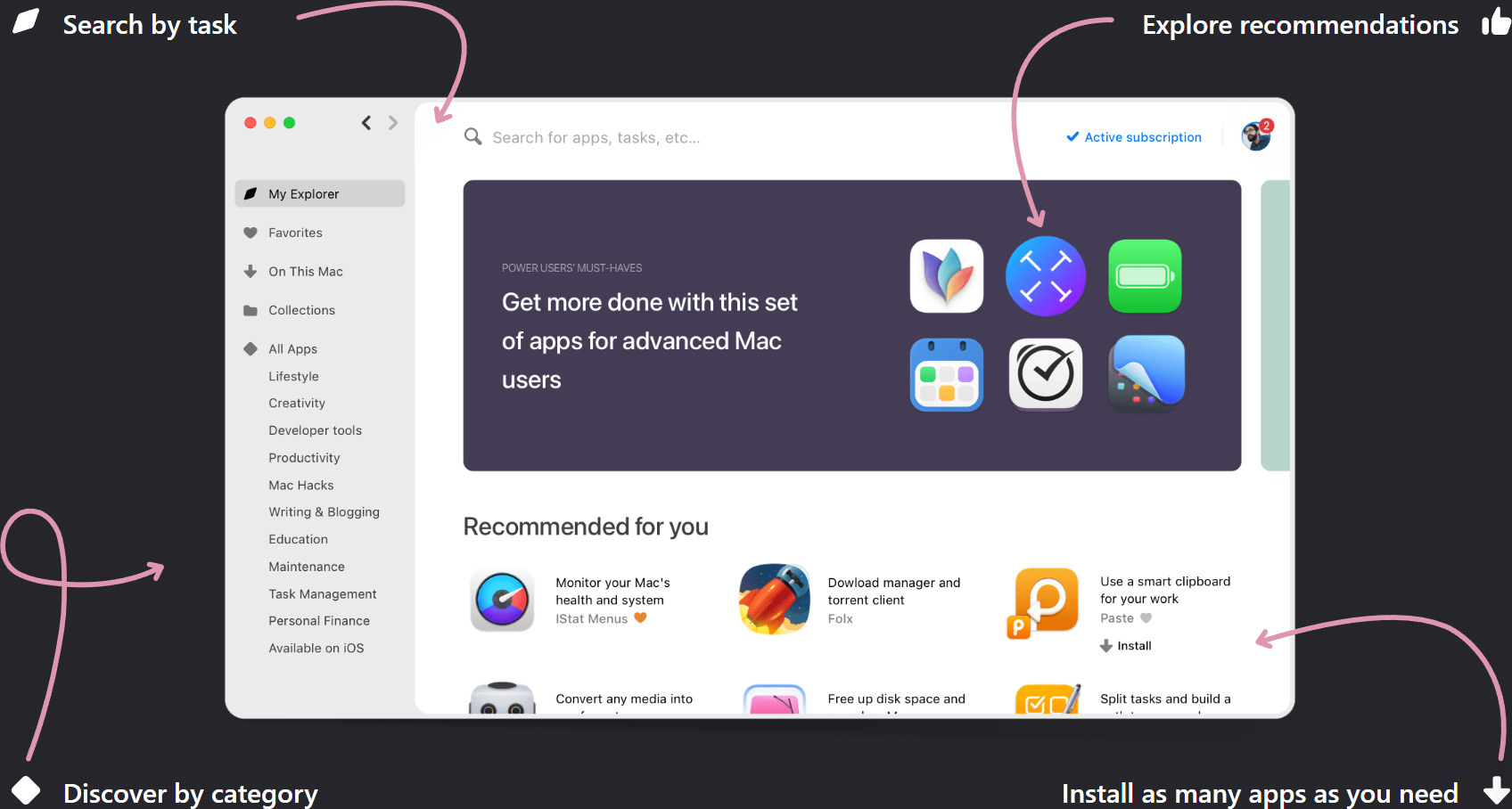 Search by task | Explore recommendations | Discover by Category | Install as many apps as your need